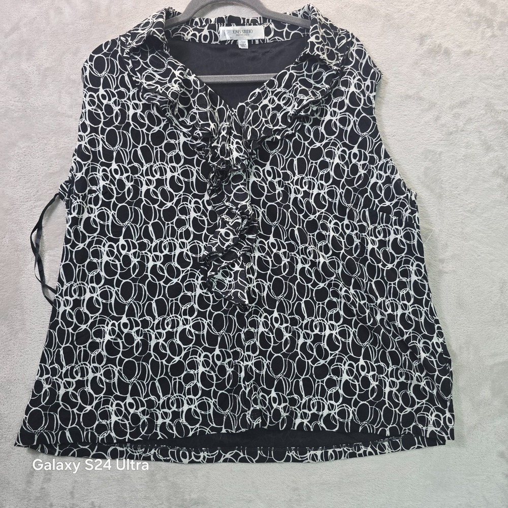 Jones Studio Blouse Top Womens 20W Black White Abstract Print Nylon Ruffle